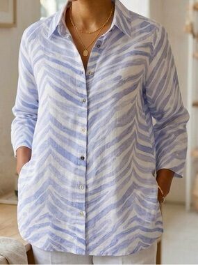 iLinen Pocketed Tunic Button-Up Shirt Linen Blue White Zebra Animal Print large